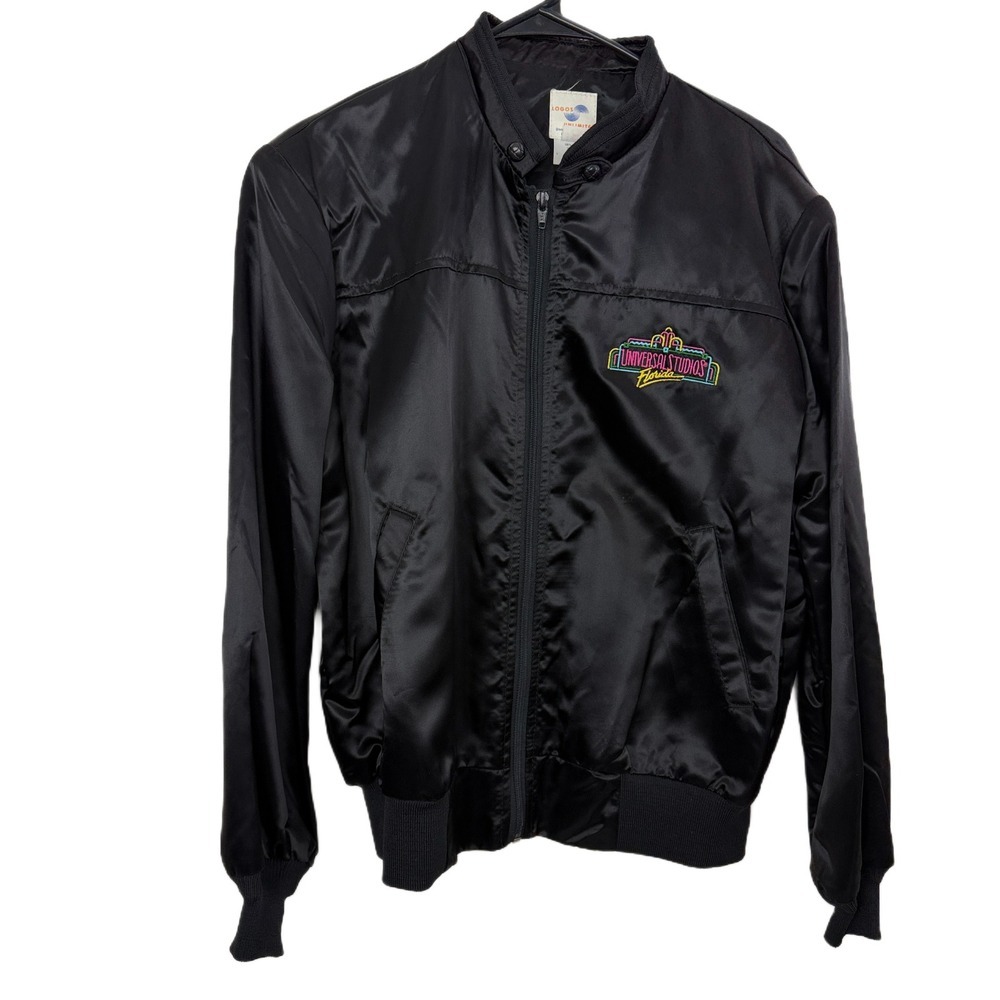 Vtg 80s Universal Studios Satin Bomber Jacket Womens Medium Black Neon Embroider
